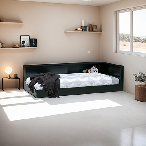 Lit enfant d'angle avec rangements en pin laqué noir - Connect