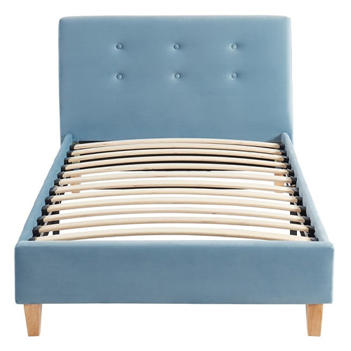 Lit enfant 90x190 avec tête de lit capitonnée en velours bleu - sommier à lattes - Milo