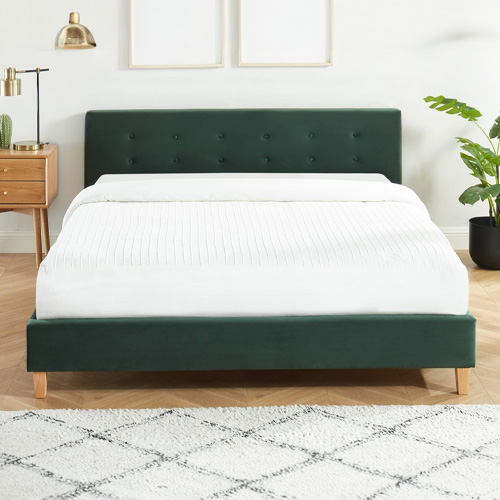 Lit adulte160x200 avec tête de lit capitonnée en velours vert bouteille - sommier à lattes - Milo