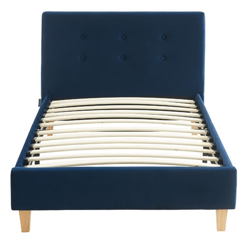 Lit adulte 90x190 avec tête de lit capitonnée en velours bleu foncé - sommier à lattes - Milo