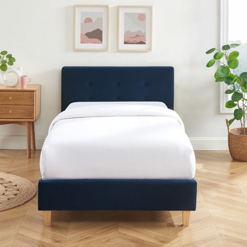 Lit adulte 90x190 avec tête de lit capitonnée en velours bleu foncé - sommier à lattes - Milo