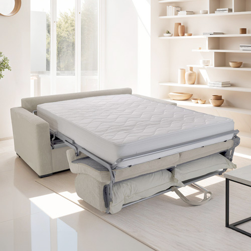 Canapé convertible 3 places en velours côtelé beige - Ouverture express - Couchage quotidien - Matelas HD 140 x 190 - Anzio
