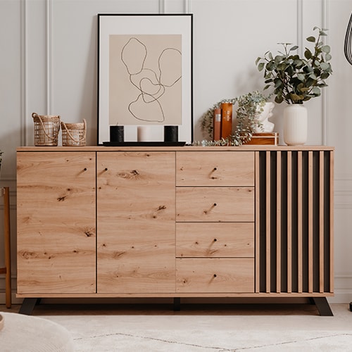 Buffet 3 portes 4 tiroirs effet chêne, piétement noir 160 cm - Flavia