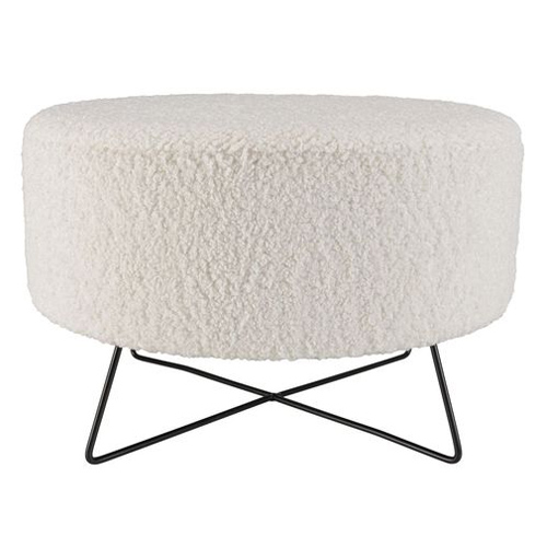 Pouf rond tissu bouclette beige pieds croisés métal noir - Albane