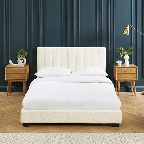 Lit adulte 140x190 avec tête de lit capitonnée en velours beige sable - William