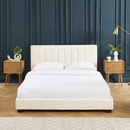 Lit adulte 160x200 avec tête de lit capitonnée en tissu bouclé beige - William