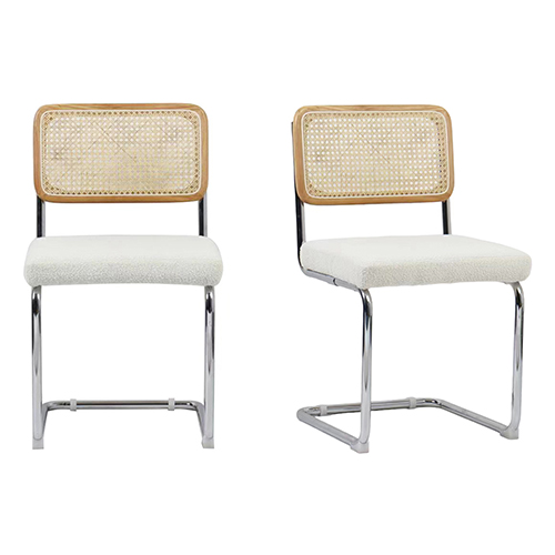 Lot de 2 chaises en cannage, tissu bouclé beige et métal chromé - Muse
