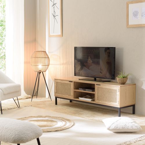 Meuble TV 2 portes cannage naturel pieds métal noir - Marceau
