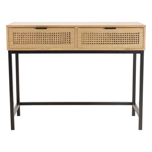Console 2 tiroirs cannage naturel pieds métal noir - Marceau