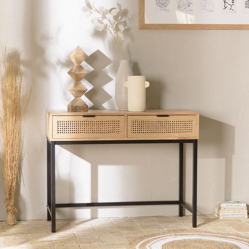 Console 2 tiroirs cannage naturel pieds métal noir - Marceau
