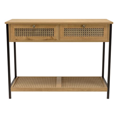 Console marron 2 tiroirs 1 étagère effet cannage pieds métal - Charlie