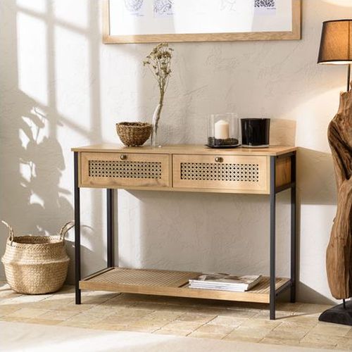 Console marron 2 tiroirs 1 étagère effet cannage pieds métal - Charlie