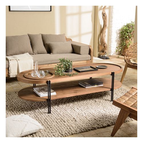 Table basse ovale en teck recyclé double plateau - Sixtine