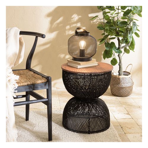 Table d'appoint en rotin noir plateau en bois de teck recyclé SIXTINE
