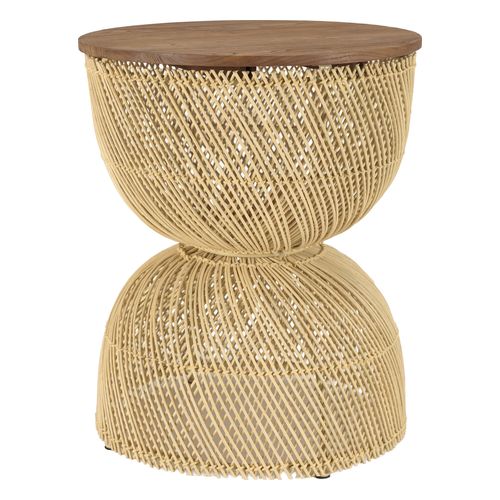 Table d'appoint en rotin beige plateau en bois teck recyclé SIXTINE
