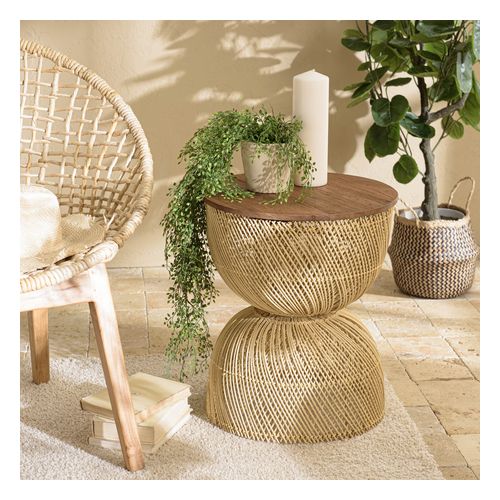 Table d'appoint en rotin beige plateau en bois teck recyclé SIXTINE