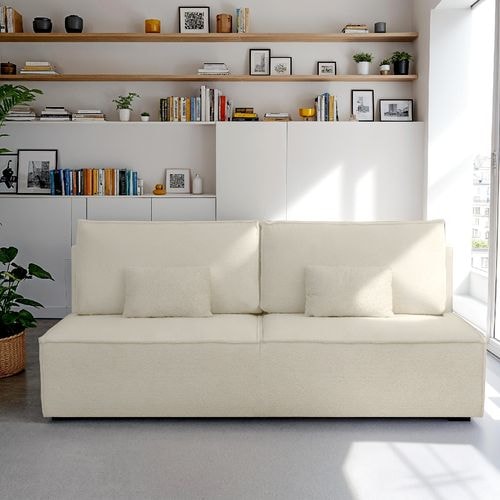 Canapé convertible 3 places avec coffre de rangement en tissu bouclé beige - Milla