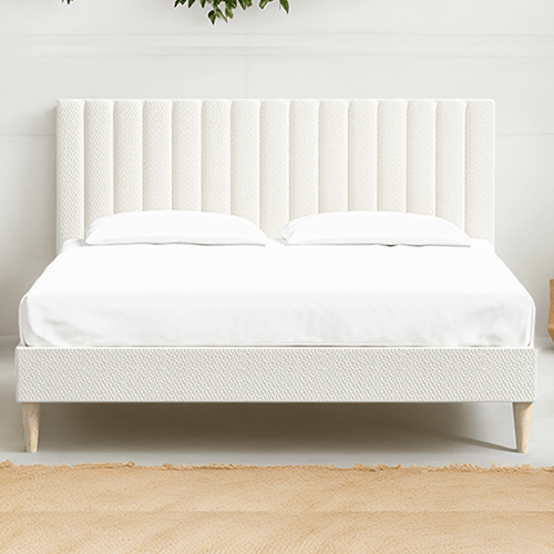 Lit adulte 160x200 en tissu bouclé beige avec tête de lit matelassée - Eliot