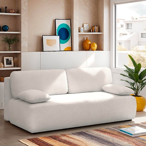 Canapé convertible 3 places avec coffre de rangement en tissu bouclette beige - Gemma