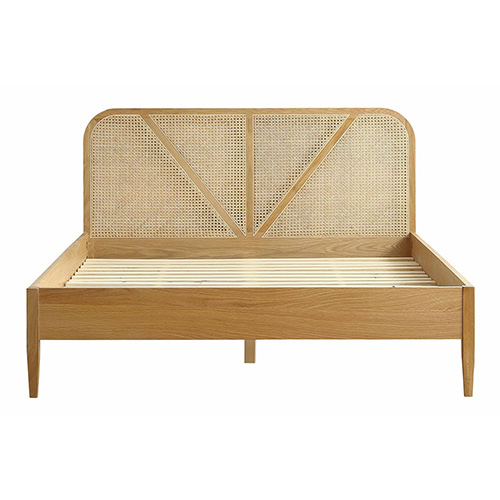 Lit adulte 180x200 en placage chêne avec tête de lit en bois massif et cannage naturel - Leonie