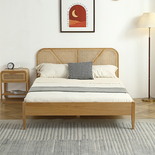 Lit adulte 180x200 en placage chêne avec tête de lit en bois massif et cannage naturel - Leonie