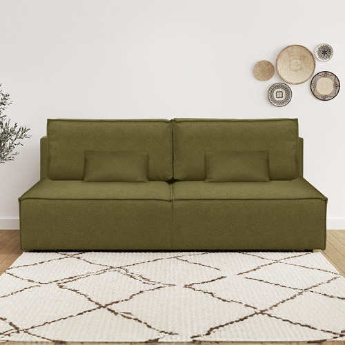 Canapé convertible 3 places avec coffre de rangement en tissu vert olive - Milla