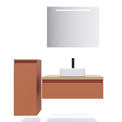 Meuble de salle de bain suspendu vasque à poser 90cm 1 tiroir Terracotta + miroir - Rivage