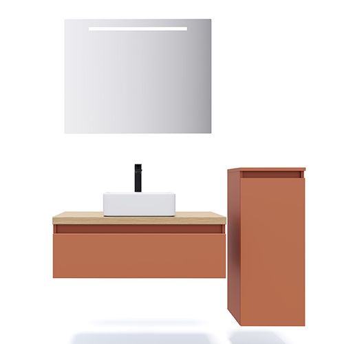 Meuble de salle de bain suspendu vasque à poser 90cm 1 tiroir Terracotta + miroir + colonne ouverture droite - Rivage