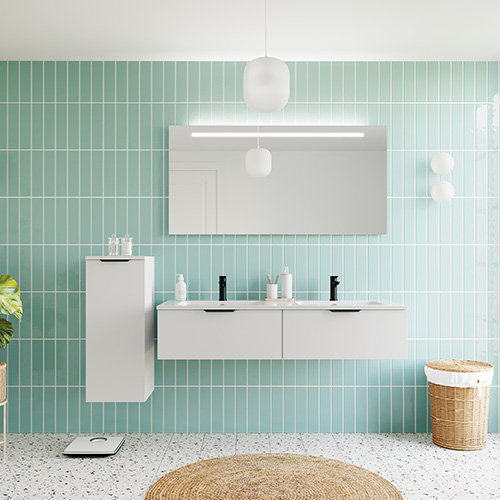 Meuble de salle de bains 140 cm Opale blanc - 2 tiroirs - double vasque + miroir - Loft