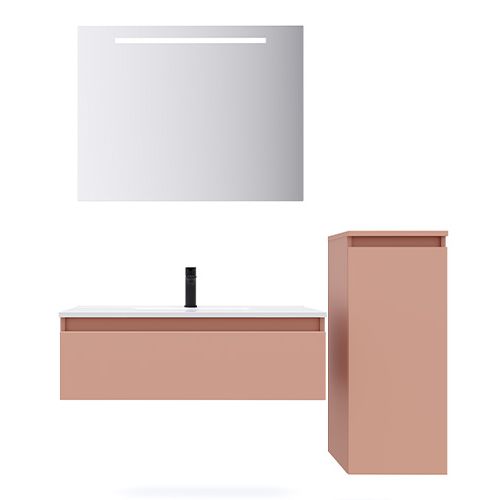 Meuble de salle de bain suspendu vasque intégrée 90cm 1 tiroir Abricot + miroir + colonne ouverture droite - Rivage