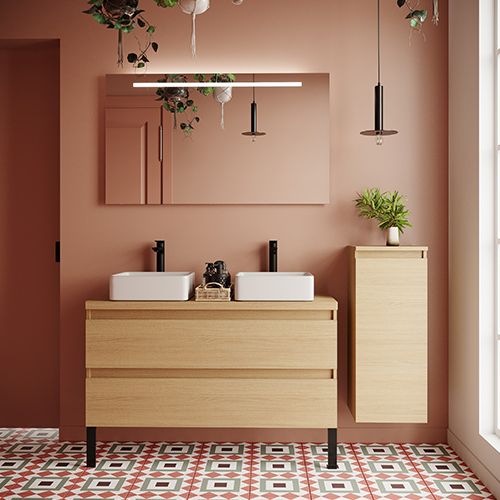 Meuble de salle de bain suspendu 2 vasques à poser 120cm 2 tiroirs Chêne clair + miroir + colonne ouverture droite - Rivage