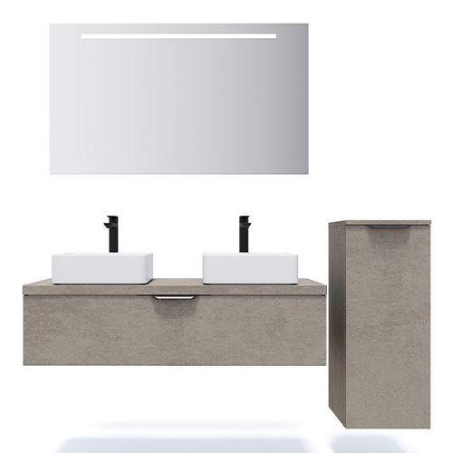 Meuble de salle de bain suspendu 2 vasques à poser 120cm 1 tiroir façon Béton + miroir + colonne ouverture droite - Swing