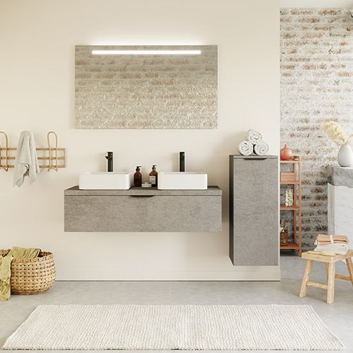 Meuble de salle de bain suspendu 2 vasques à poser 120cm 1 tiroir façon Béton + miroir + colonne ouverture droite - Swing