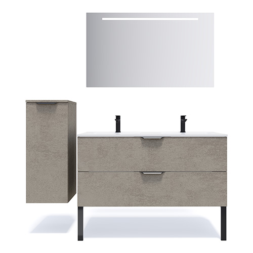 Meuble de salle de bain suspendu double vasque intégrée 120cm 2 tiroirs façon Béton + miroir + colonne ouverture gauche - Swing