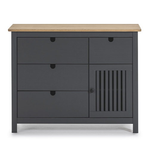 Commode 1 porte 4 tiroirs en pin massif gris anthracite 100 cm - Fabia