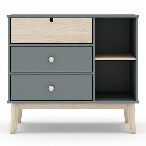 Commode 3 tiroirs 2 niches blanc / vert kaki 100 cm - Lucy