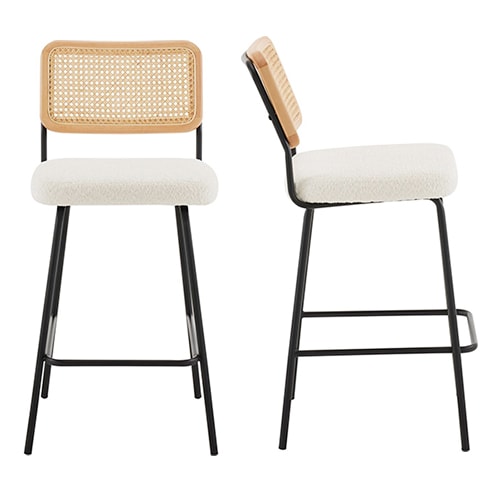 Lot de 2 tabourets de bar en tissu bouclé beige et cannage naturel - Muse