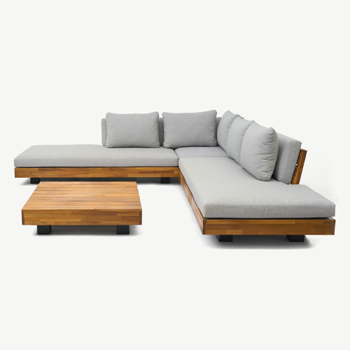 Salon de jardin d'angle 5 places en bois FSC et coussins gris chiné - Capri