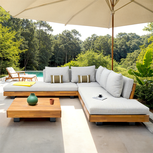 Salon de jardin d'angle 5 places en bois FSC et coussins gris chiné - Capri