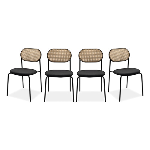 Lot de 4 chaises en tissu noir et cannage - Loyd