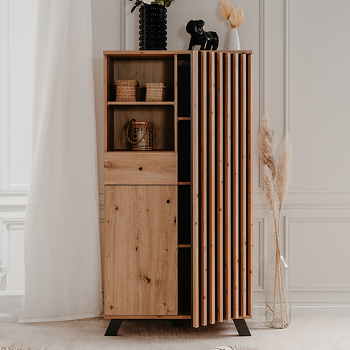 Buffet haut 2 portes 1 tiroir effet chêne et anthracite 120 cm - Flavia