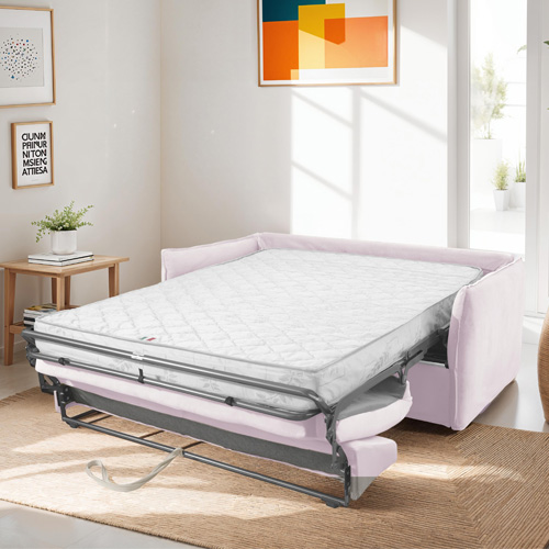 Canapé convertible 3 places en velours rose pâle - Ouverture express - Couchage quotidien - Gina