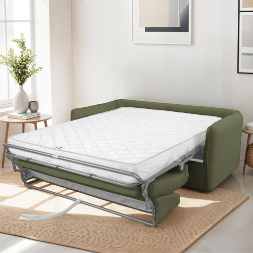 Canapé convertible 3 places en tissu bouclette vert kaki - ouverture express - Gina