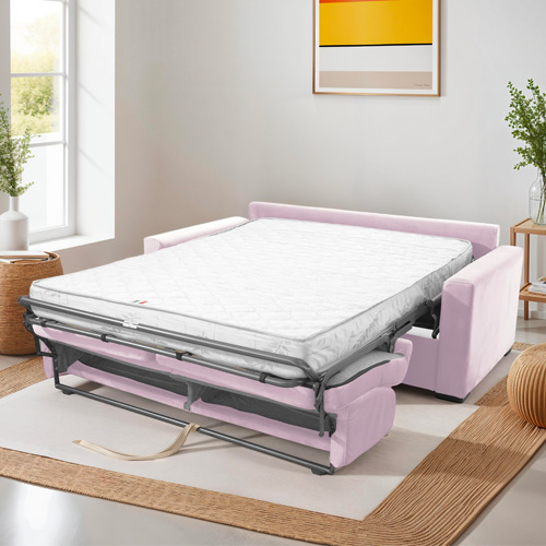 Canapé convertible 3 places en velours rose pâle - Ouverture express - Couchage quotidien - Paloma