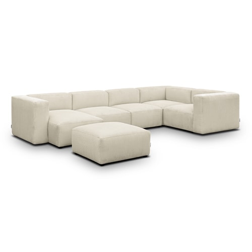 Canapé modulable panoramique 6 places avec méridienne à gauche + pouf en velours côtelé beige - Modulo