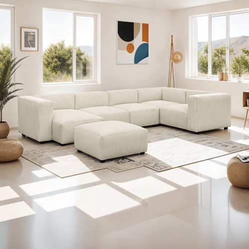 Canapé modulable panoramique 6 places avec méridienne à gauche + pouf en velours côtelé beige - Modulo