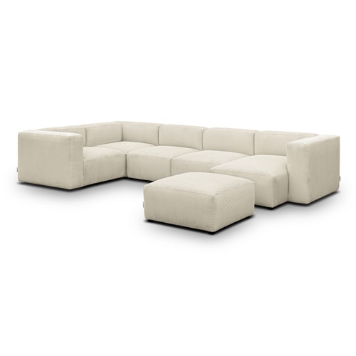 Canapé modulable panoramique 6 places avec méridienne à droite + pouf en velours côtelé beige - Modulo