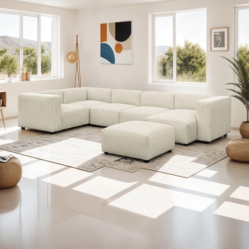 Canapé modulable panoramique 6 places avec méridienne à droite + pouf en velours côtelé beige - Modulo