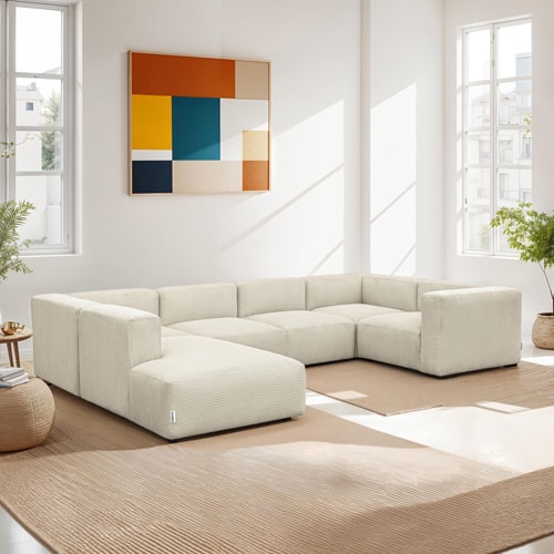 Canapé modulable panoramique 9 places ouvert à gauche en velours côtelé beige - Modulo