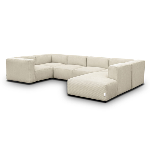 Canapé modulable panoramique 9 places ouvert à droite + pouf en velours côtelé beige - Modulo